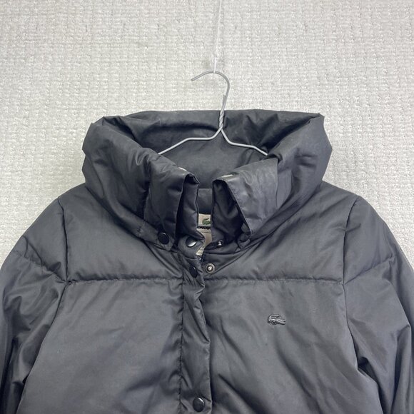 Lacoste Quilted Down Puffer Coat Snap Women's Size 38 Black Convertible Collar - Picture 2 of 15